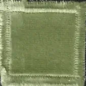 Olive-green textile swatch with textured surface, framed by off-white fringed border in a grid pattern; label reads “swan fabric elite 307”.